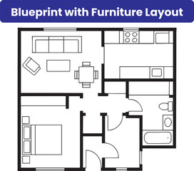 Blue Print Wih Furniture Layout