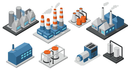 Isometric industrial buildings and factories set with chimneys and pipes