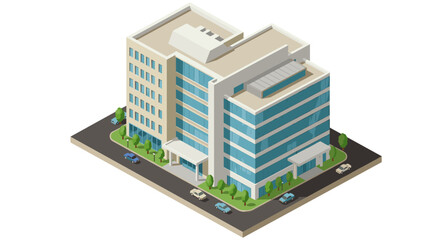 Modern office building isometric view with green landscaping and cars