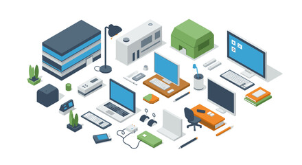 Isometric office workspace with computers and modern electronics