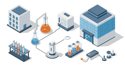 Isometric laboratory setup with buildings and chemical equipment in blue and orange theme
