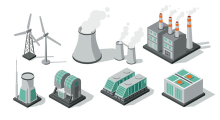 Isometric industrial elements featuring factories, power plants, and wind turbines