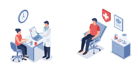 Isometric medical consultation scene with doctor and patient in modern clinic setting