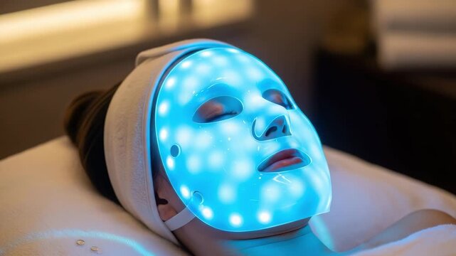 Woman lying down wearing a blue led light therapy mask for skin treatment and facial rejuvenation therapy