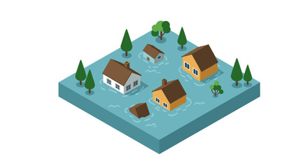 Isometric flooded town with submerged houses and trees
