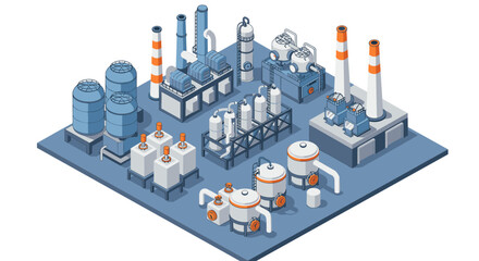 Isometric industrial plant with detailed machinery and chimneys in blue and orange theme