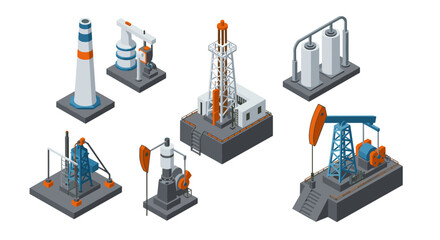 Obraz premium Isometric industrial oil and gas equipment set with rig and pumpjack elements
