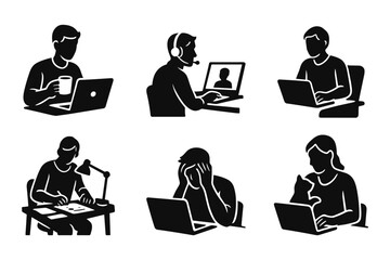 remote work people silhouette icons , laptop, video call, desk stress
