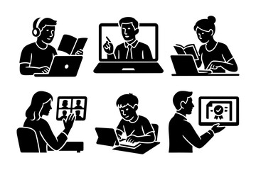 online learning silhouette icons , webinar, e-learning, remote class