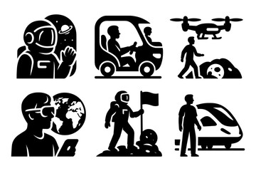space and future transport silhouette icons , astronaut, drone, pod car, moon walk, train