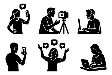 content creator silhouette icons ,vlogging, streaming, laptop work, social