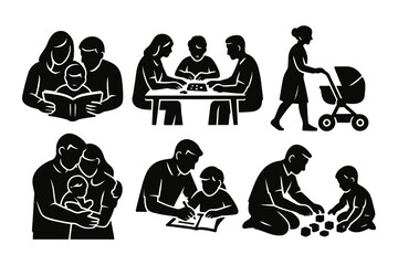 family time silhouette icons ,reading, playing, stroller, parenting