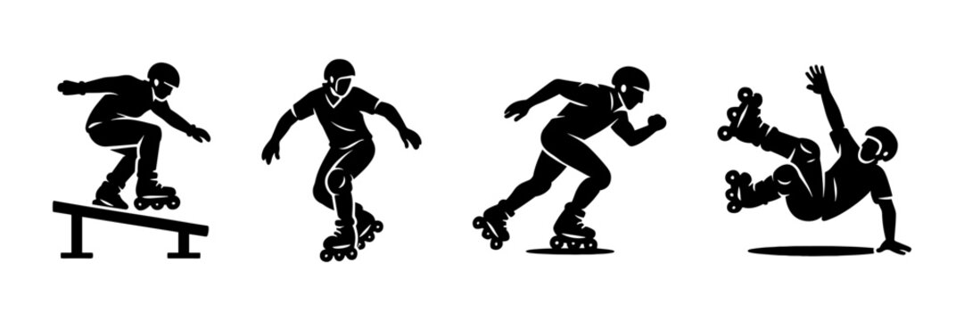inline skating silhouette icons ,grind, jump, sprint, rail slide