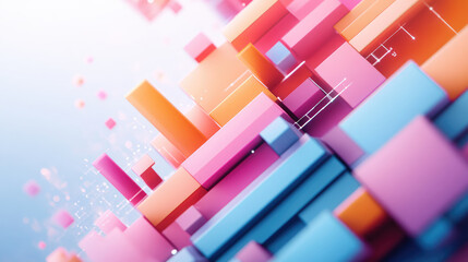Colorful geometric shapes create vibrant cityscape, blend of pink, orange, and blue blocks. dynamic arrangement evokes sense of energy and creativity