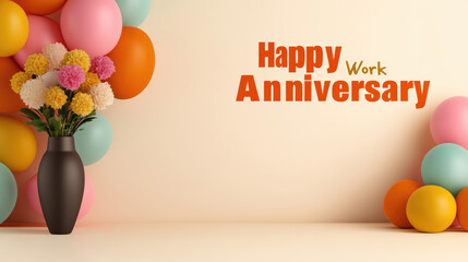 Happy Work Anniversary This vibrant celebration features colorful balloons and bouquet of flowers, creating festive perfect for commemorating special milestone