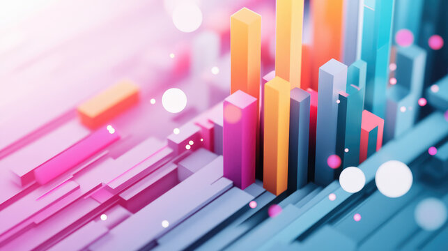 Colorful abstract cityscape with vibrant bars and shapes representing data visualization. dynamic composition creates energetic and modern feel - Powered by Adobe