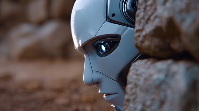 Detailed close-up view of the profile of a sophisticated, lifelike robot face with an introspective expression, conveying a sense of technology, innovation, and future potential.