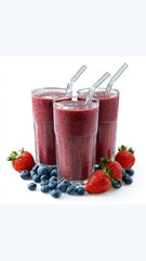 Three glasses of dark red smoothie with straws, surrounded by fresh strawberries and blueberries on a white background.