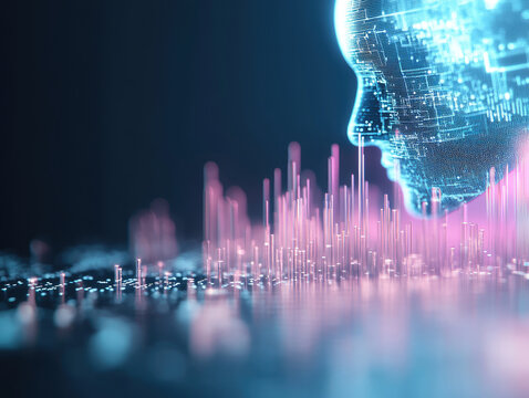 digital representation of human head with data visualization elements, blend of technology and artificial intelligence. vibrant colors create futuristic - Powered by Adobe
