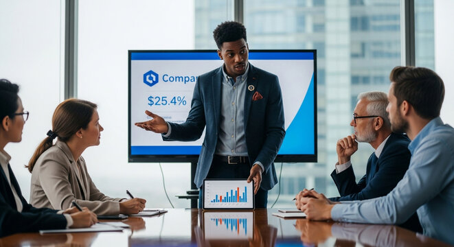 African american businessman presenting company data to diverse team in modern office, showcasing financial performance and growth strategy