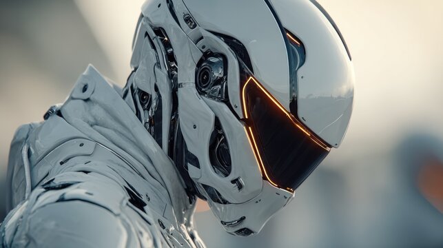 Futuristic white cyborg with glowing visor staring into the distance - Powered by Adobe
