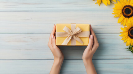 pair of hands holds yellow gift box adorned with ribbon, surrounded by vibrant sunflowers on wooden surface. scene conveys warmth and joy