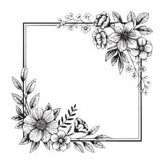 Elegant Hand-Drawn Floral Frame Border with Vintage Flowers and Leaves
