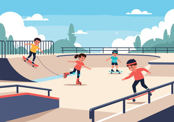 Obraz premium Children enjoying various wheeled sports at the skate park.