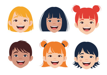 Six diverse cartoon children faces laughing together happily.