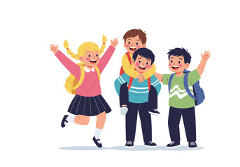 Obraz premium Four happy friends walking to school together on a sunny day.