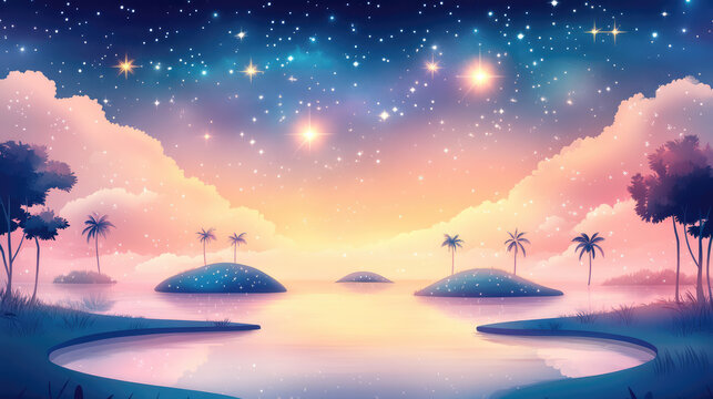Dreamy landscape with stars, floating islands, and palm trees ing in calm water. magical scene that evokes wonder and ity