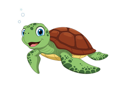 A cute green cartoon sea turtle swimming underwater with bubbles.