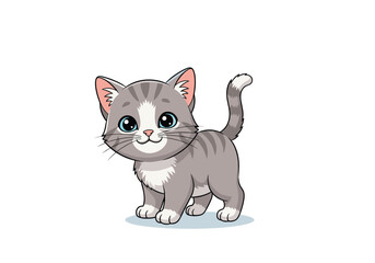 A cute little tabby kitten with big blue eyes stands.