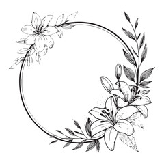 Elegant Floral Circle Frame with Hand-Drawn Flowers and Leaves – Black and White Line Art Border