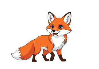 Fototapeta premium A charming cartoon fox with bright eyes and a bushy tail stands alert.