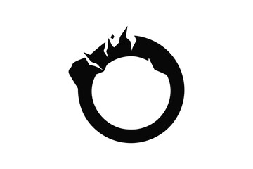 Abstract ink brush stroke forming a circular shape with jagged edges and a fiery top detail silhouette