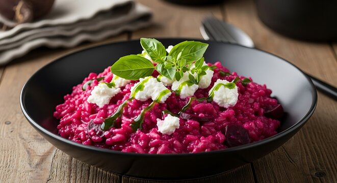 Beetroot Risotto with Goat Cheese and Basil in Black Bowl.