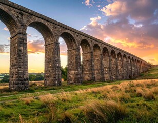 Fototapeta premium Dramatic Stone Arch Viaduct At Golden Hour Sunlight Grassey Hillside Countryside Landscape Below With Colorful Sky Above Serene View