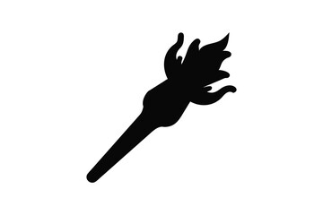 A stark black silhouette of a burning torch with flames reaching upwards against a clean white background silhouette