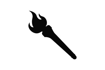 A stark black silhouette of a burning torch held aloft against a white background symbolizing light and guidance silhouette