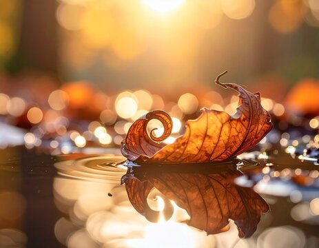 Dry Autumn Leaf Floating on Water with Reflection and Golden Light