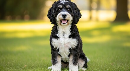 Fototapeta premium Bernedoodle Puppy Sitting on Green Grass in Sunlight.