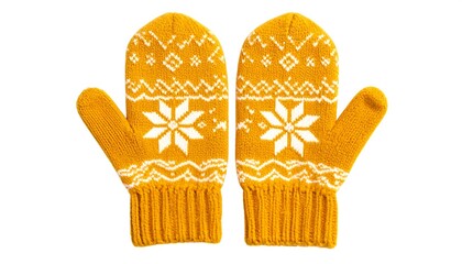 Pair of mustard-yellow mittens with snowflake patterns