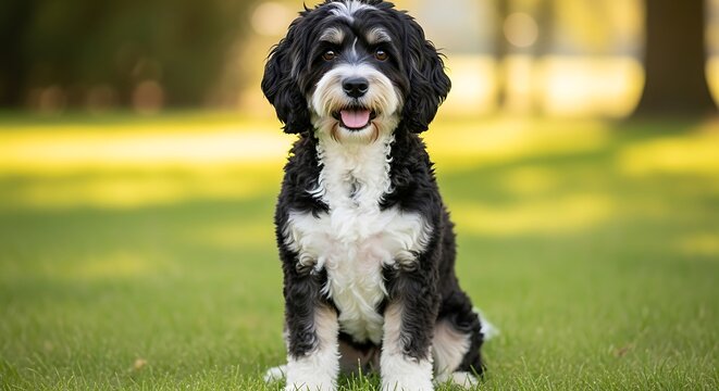 Bernedoodle Puppy Sitting on Green Grass in Sunlight.