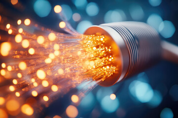 High speed fiber optic cable emitting light, vibrant colors and dynamic energy. image captures essence of modern technology and connectivity