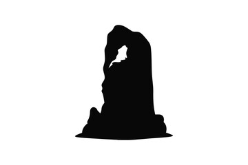 Dramatic dark black silhouette of a rugged natural rock formation with an archway against a stark white background evoking a sense of mystery and isolation silhouette