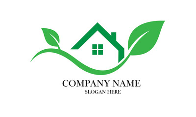 An elegant and natureinspired real estate logo featuring a green house with leaves, representing ecofriendly living, growth, and harmony with the environment