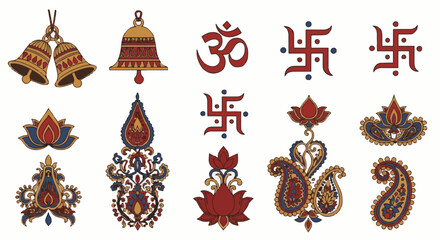 Diwali Deepavali Assets: Traditional Indian Hindu Symbols, Om, Swastika, Lotus, Paisley Motifs. Festival of Lights design elements.