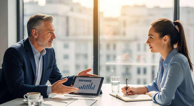 Business colleagues discussing financial data on a tablet during a meeting in the office, analyzing graphs and charts, planning strategy together
