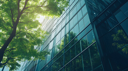 A modern office building with lush green trees in the foreground, created using AI-generated imagery.